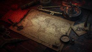 Map, key and compass in an escape room 