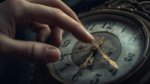 Hands turning a vintage clock face in an escape room
