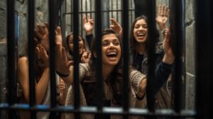 Team having fun in a prison themed escape room